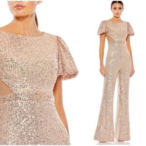 Mac Duggal Ieena Sz 4 Short Sleeve Rose Gold Sequined Evening Jumpsuit $398 NWT